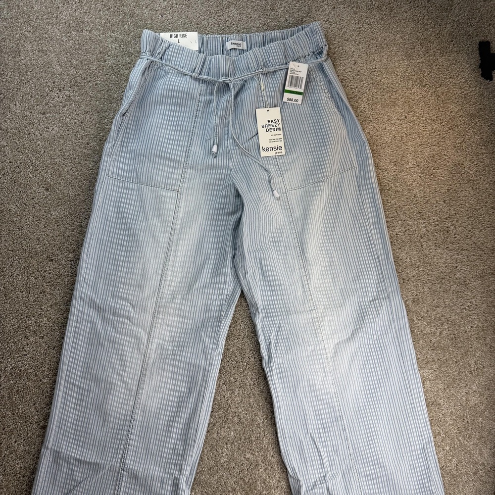 Kensie Jeans Wide Leg High Rise Jeans Womens L Light Blue Wash Stripe Denim